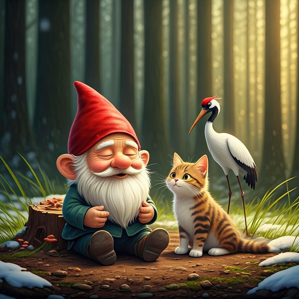 Chibi Gnome and Cat in Snowy Forest, Pixar Style