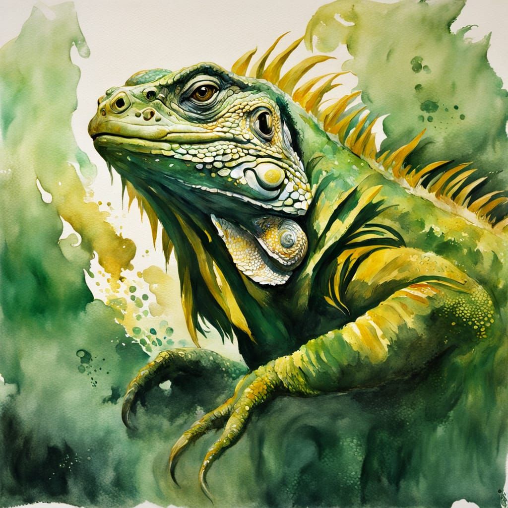 Iguanas in Green and Gold Gouache Painting