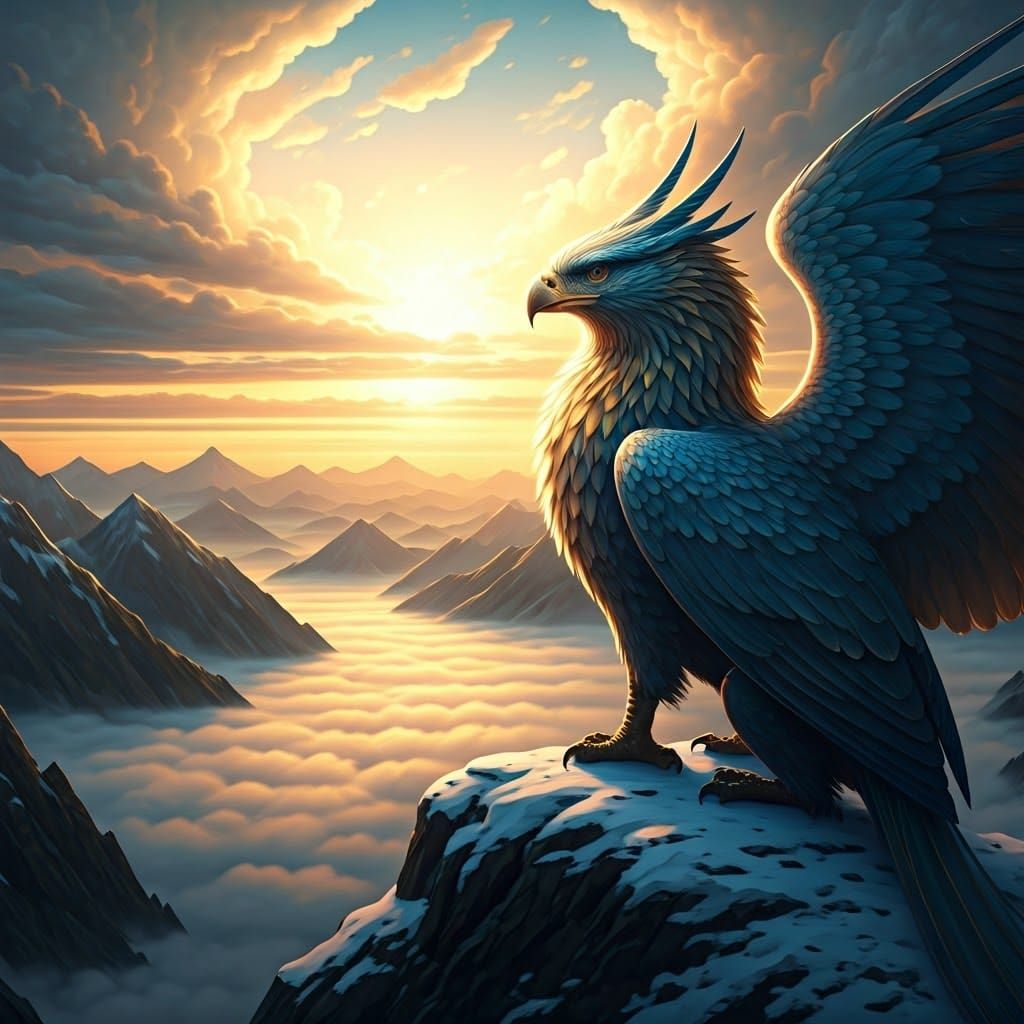 Majestic Griffin Ascends Snow-Capped Mountain