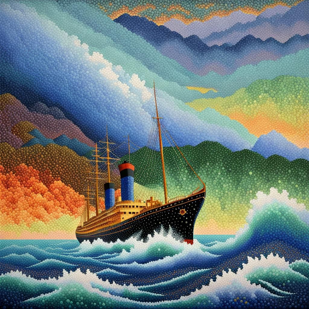 Arctic Storm Capsizes Ship: Pointillist Seascape