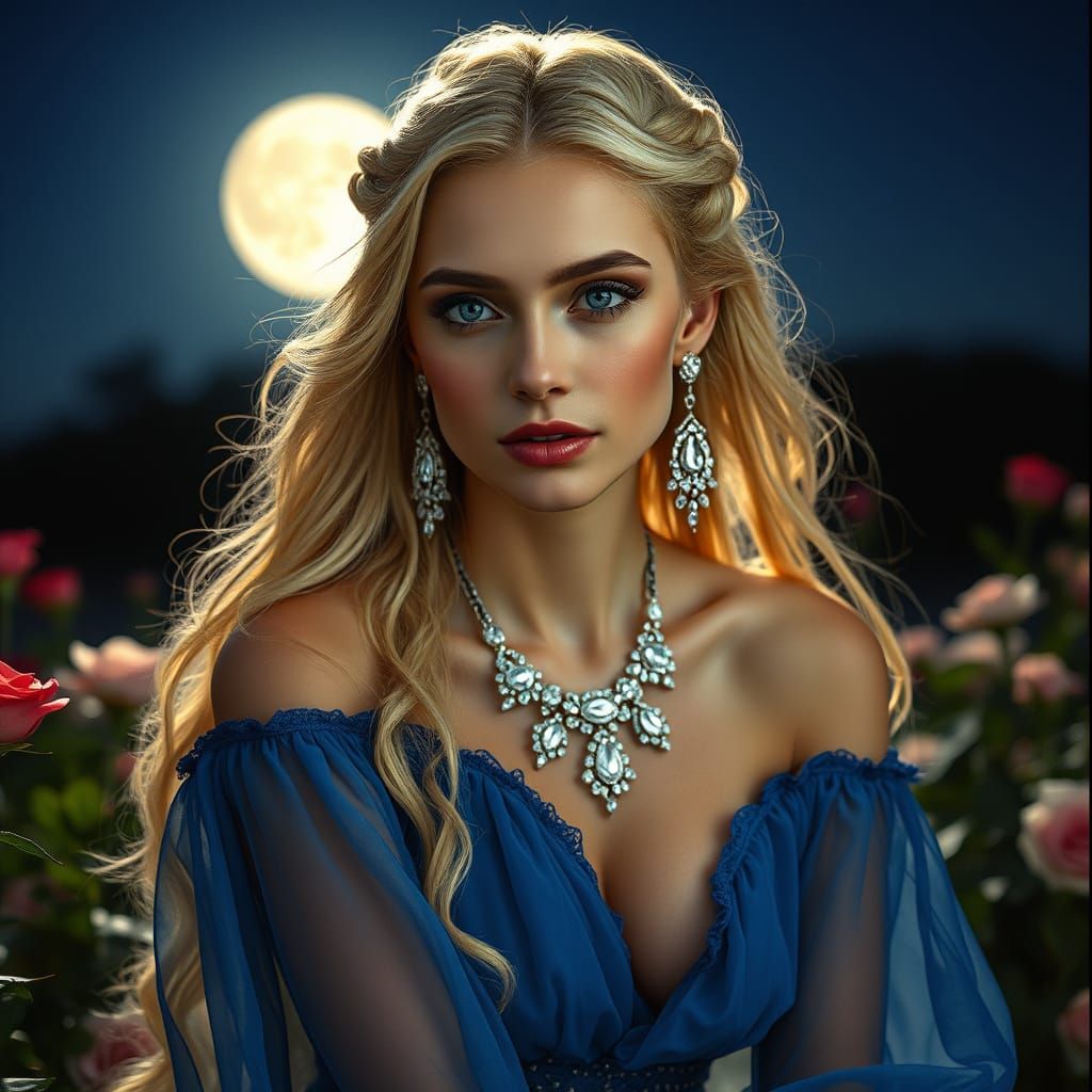 Goddess in Moonlit Rose Garden