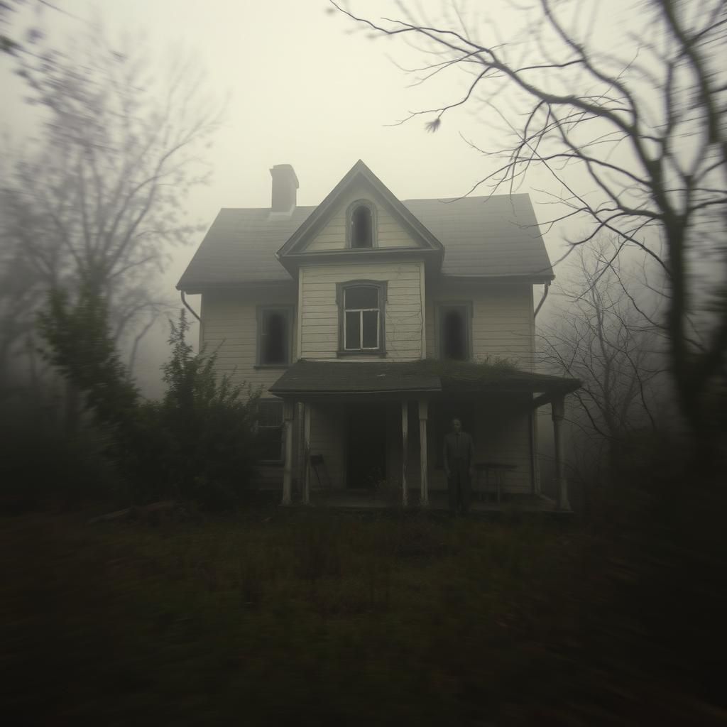 Eerie Abandoned House with Ghostly Figures