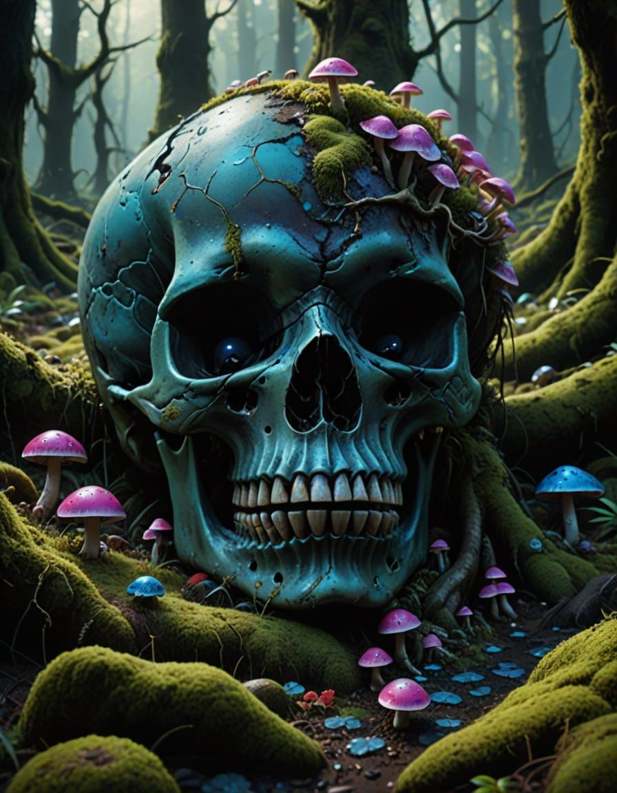 Ethereal Skull Amidst Alien Mushrooms in Mossy Forest