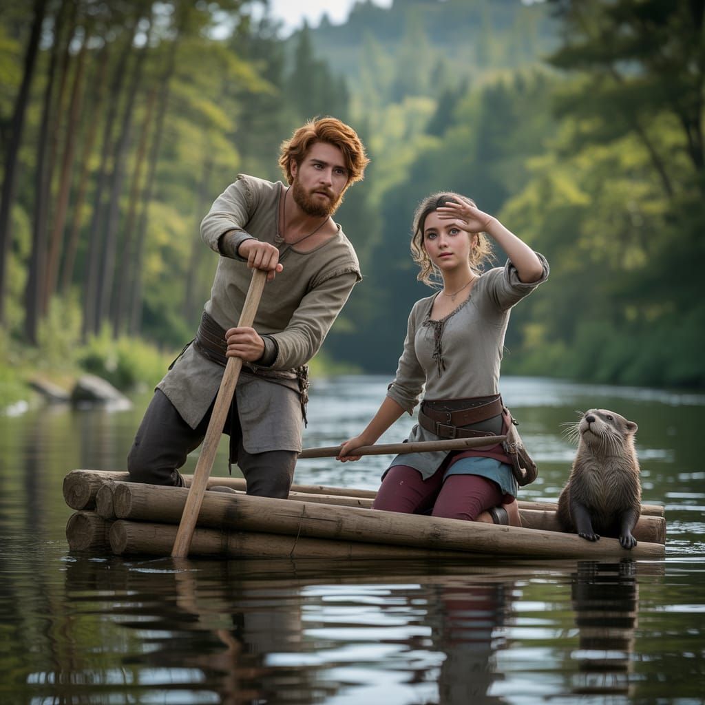 Medieval Travelers on River Raft in Sunlight
