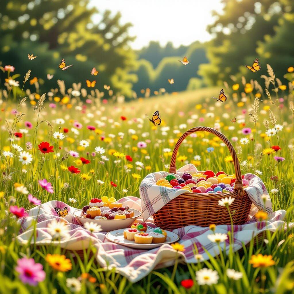Sun-Drenched Meadow With Wildflowers and Picnic Baskets
