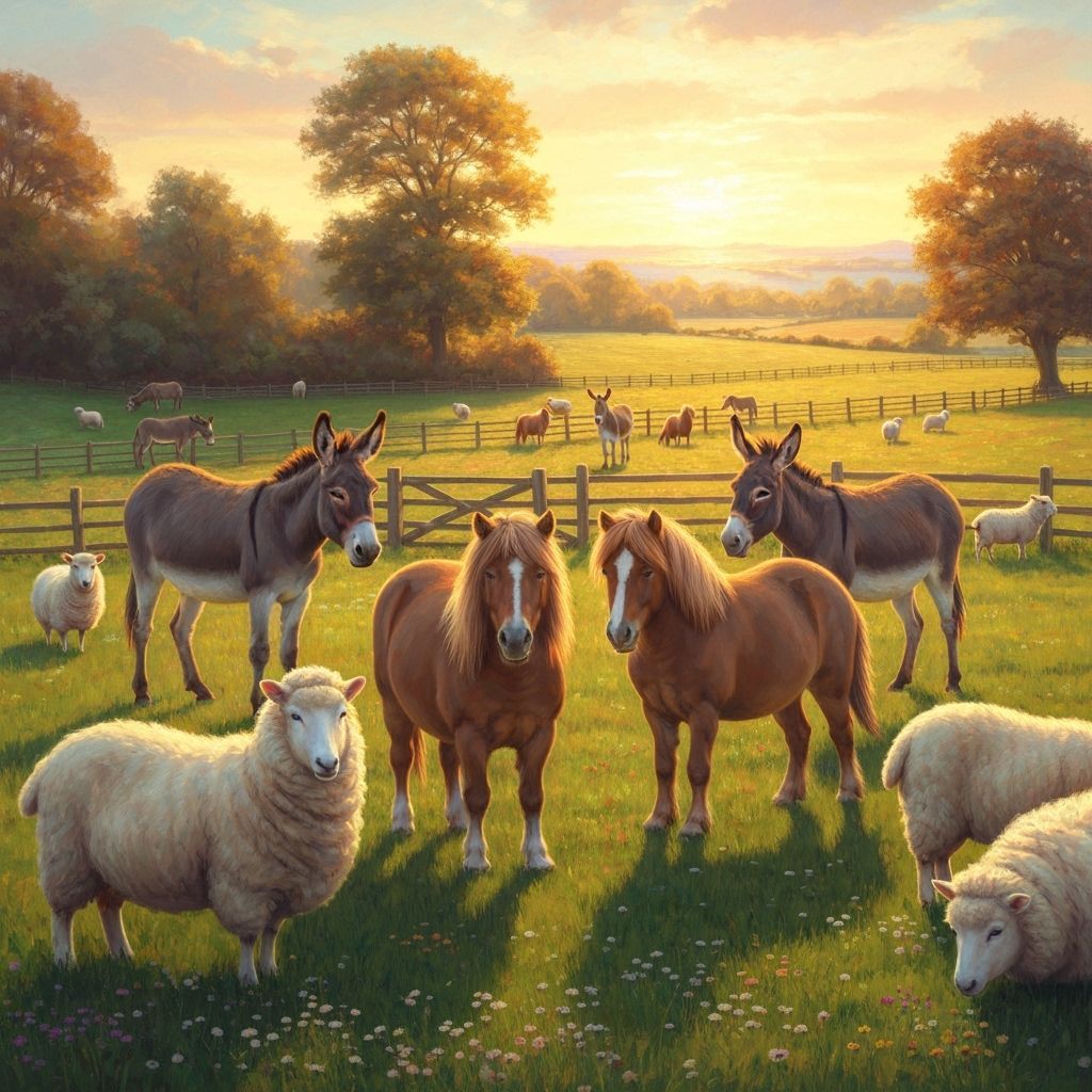 Peaceful Farmland with Rescued Animals at Golden Hour