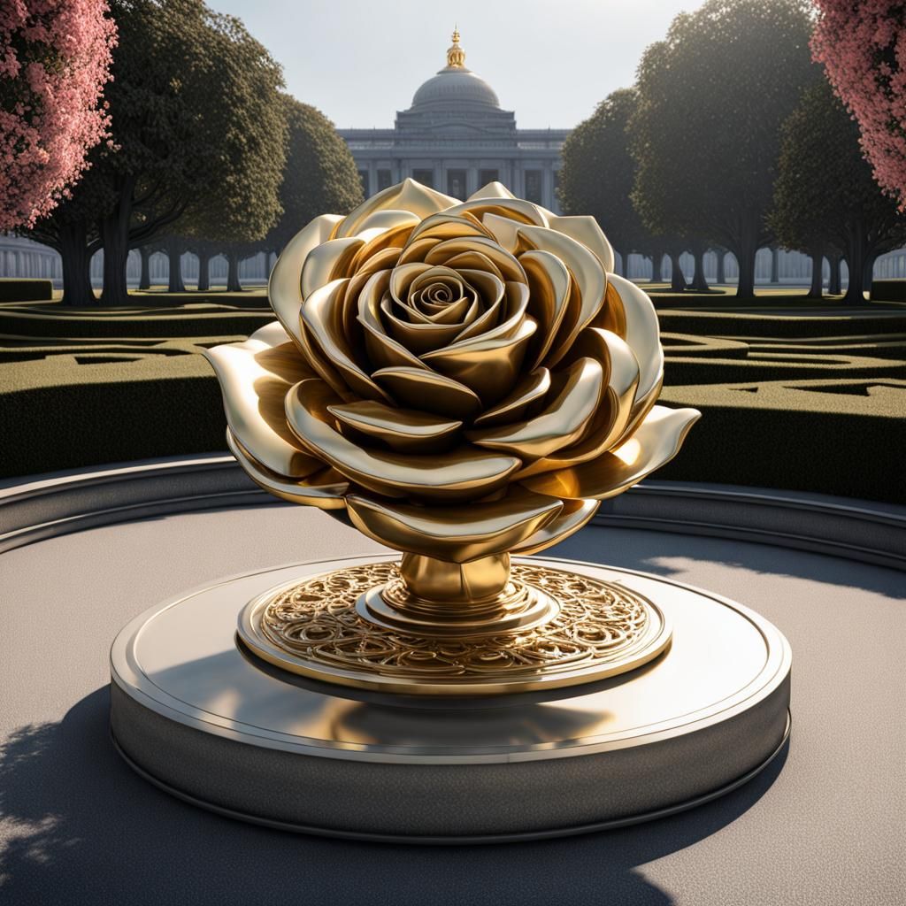 Intricate Metalwork Rose Sculpture in Park, 8K