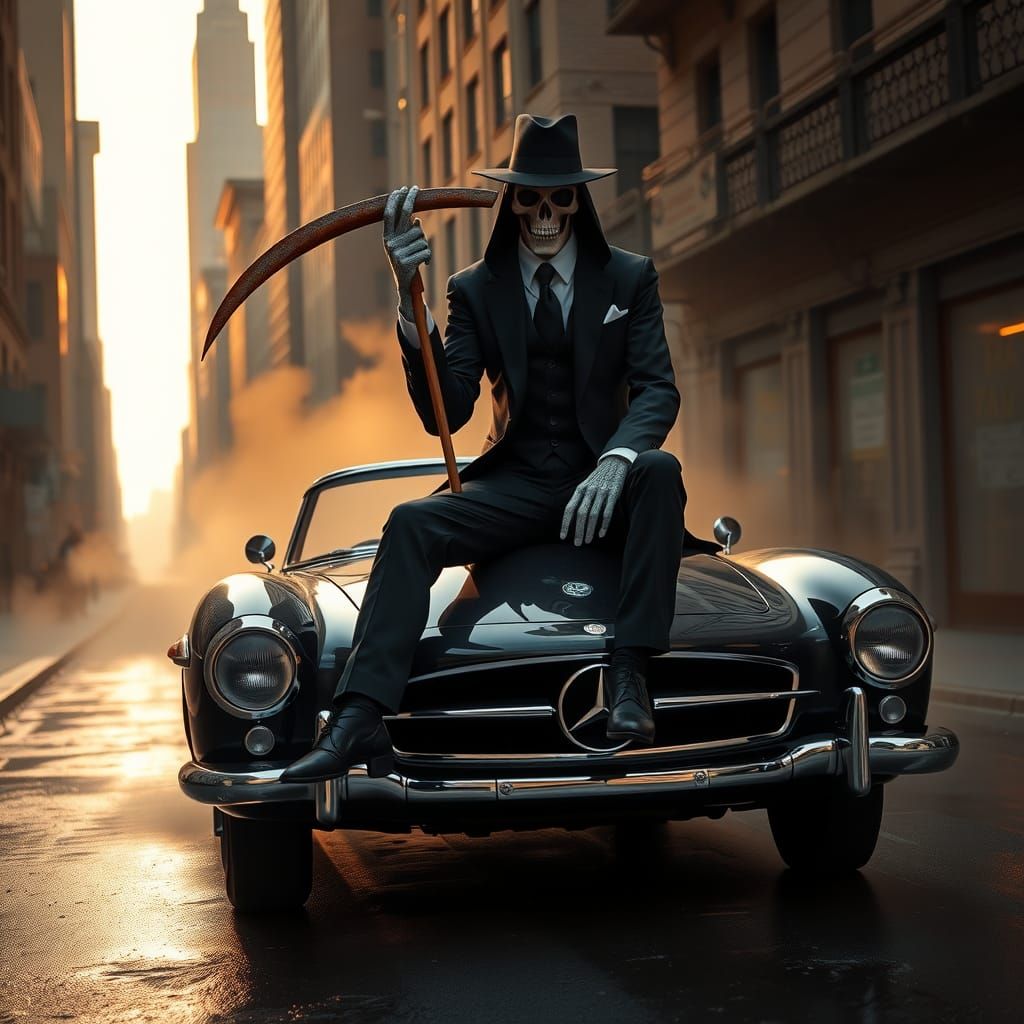 Grim Reaper in Suit on Vintage Mercedes
