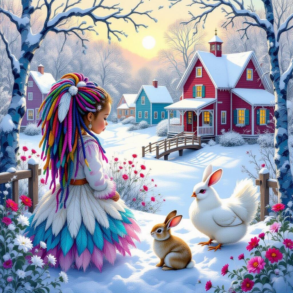 Dreamy Girl in Surreal Winter Village, Colorful Art