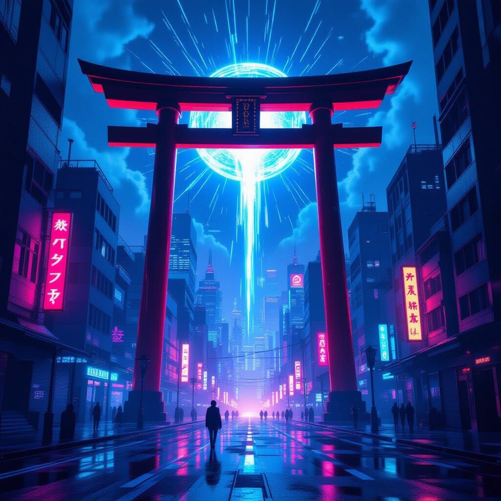 Cyberpunk Cityscape with Neon Torii Gate Portal