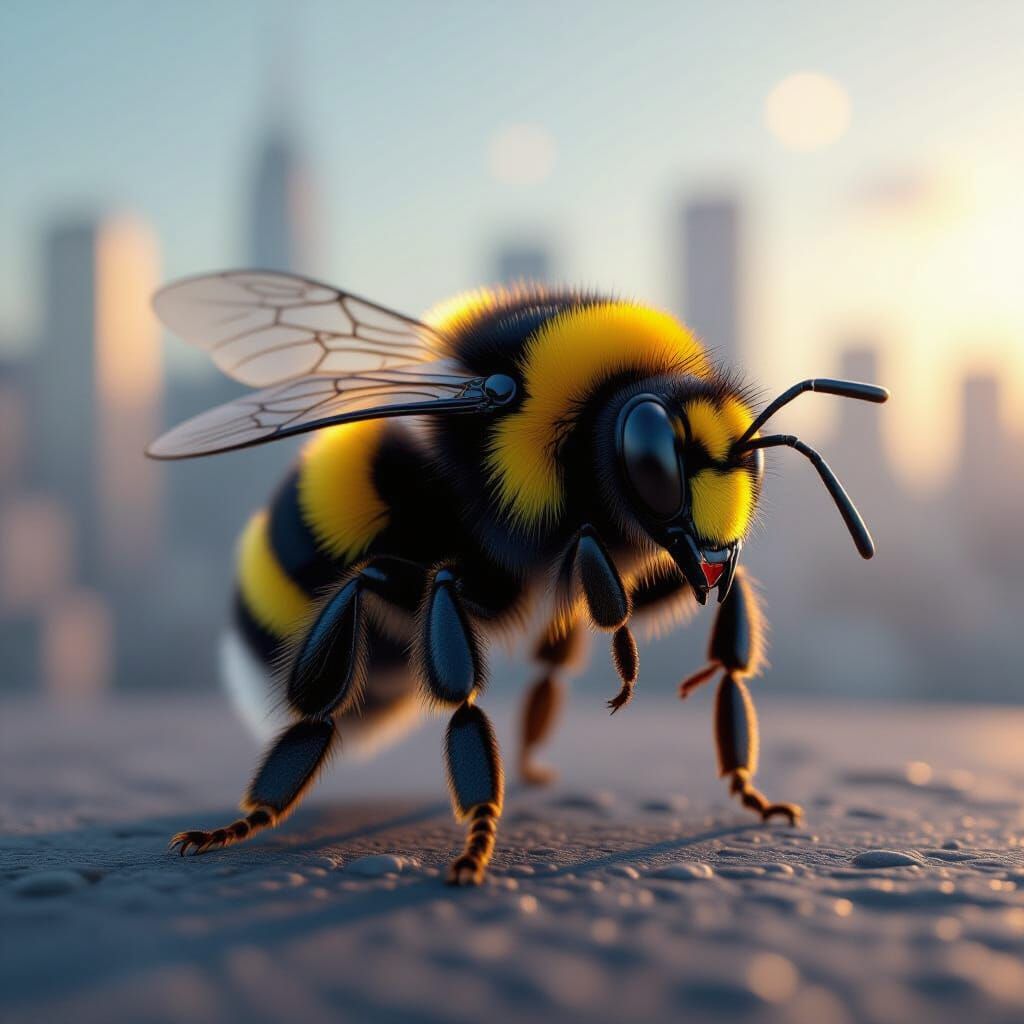 Heroic Bumblebee Poses Against Blurred Cityscape