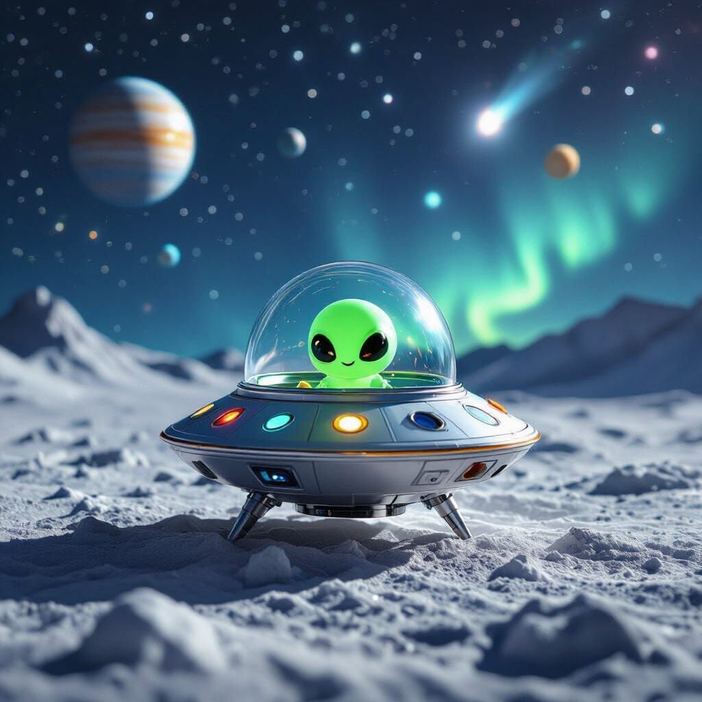 Miniature Alien Spaceship on the Moon in Hyperrealism