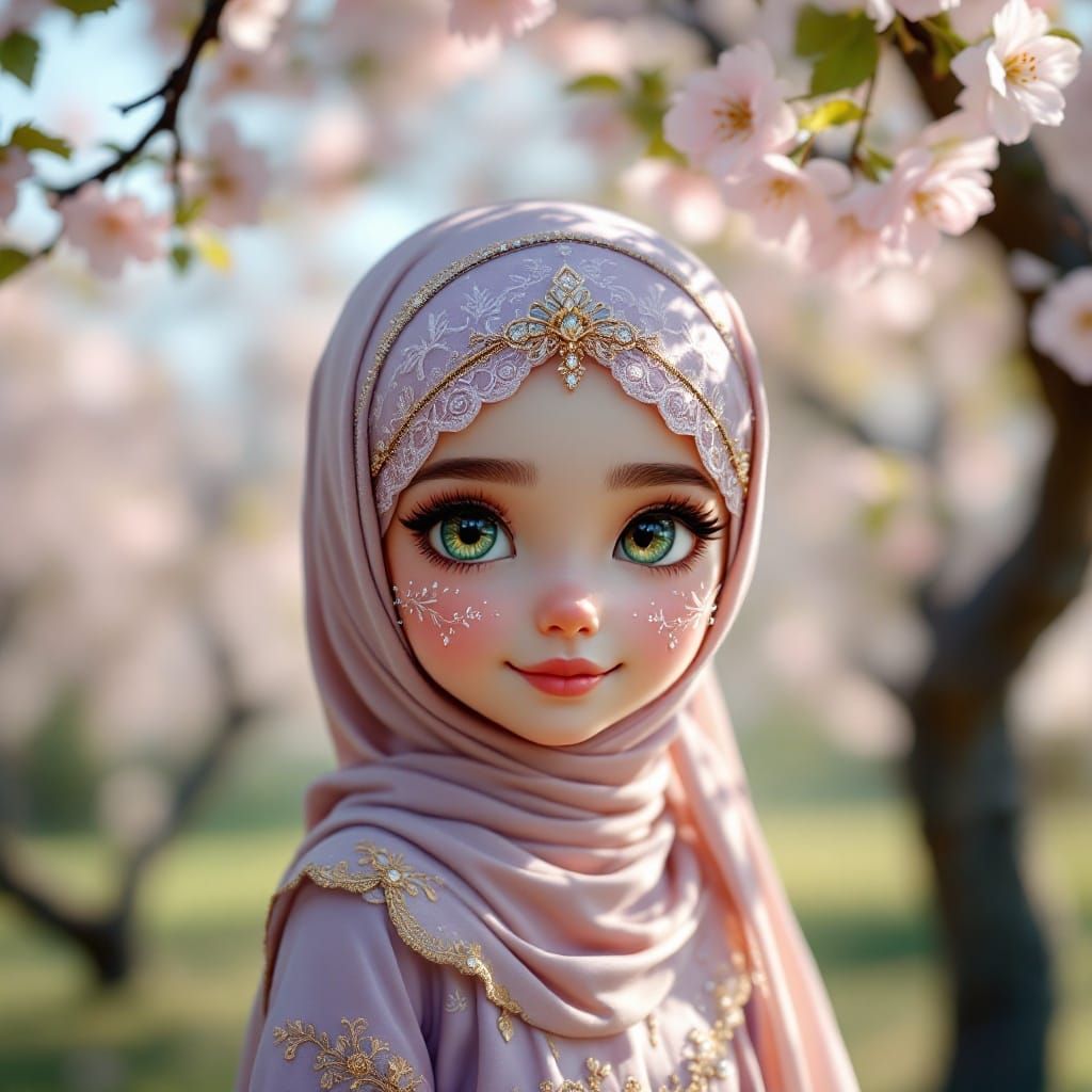 Chibi Girl in Lavender Dress Under Flowering Apple Tree