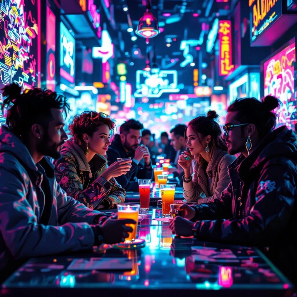 Futuristic Cyber Cafe Scene in Neon Style