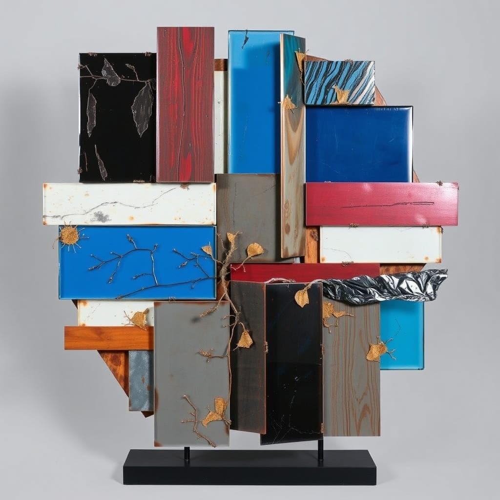 Mixed media abstract sculpture: glass, metal and wood