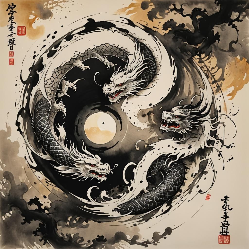 Dragon Yin Yang Ink Drawing with Japanese Calligraphy
