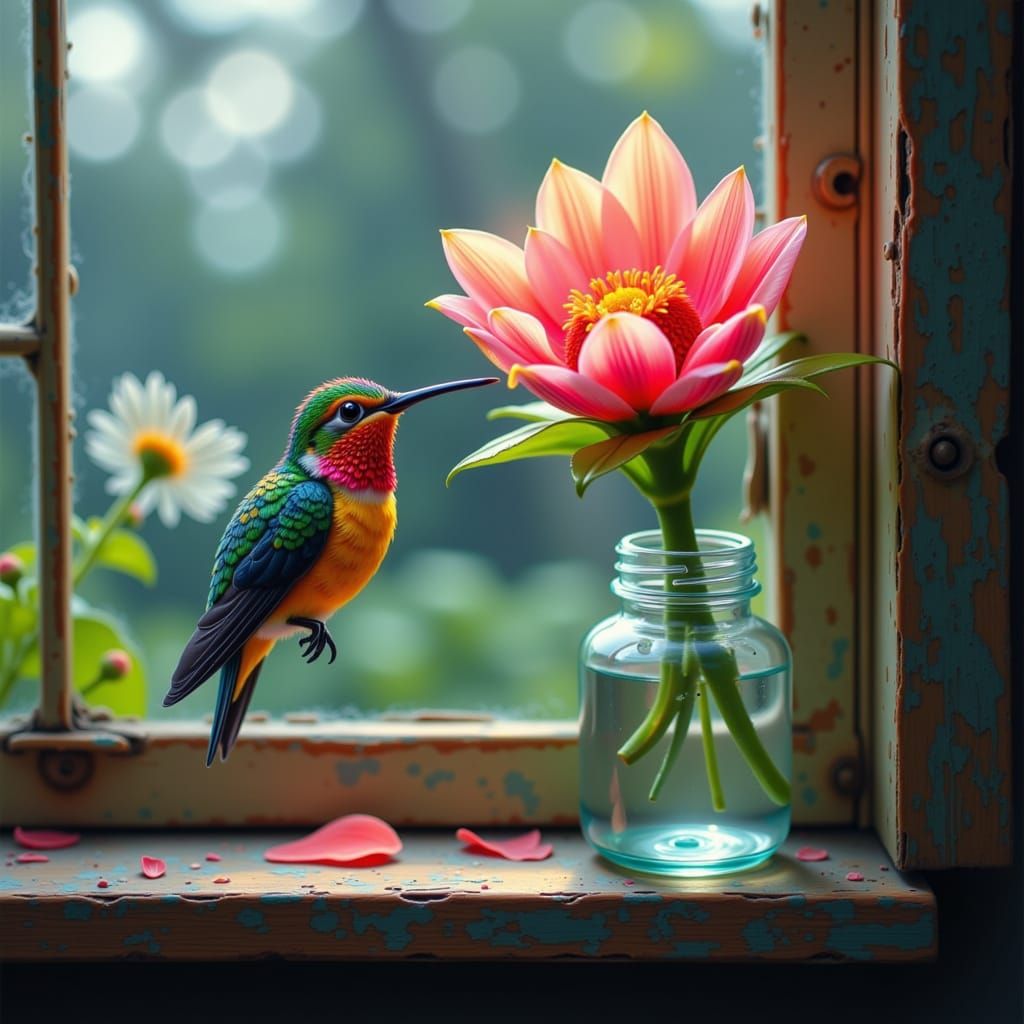 Hummingbird Sipping Nectar in Glass Jar, Hyperrealism