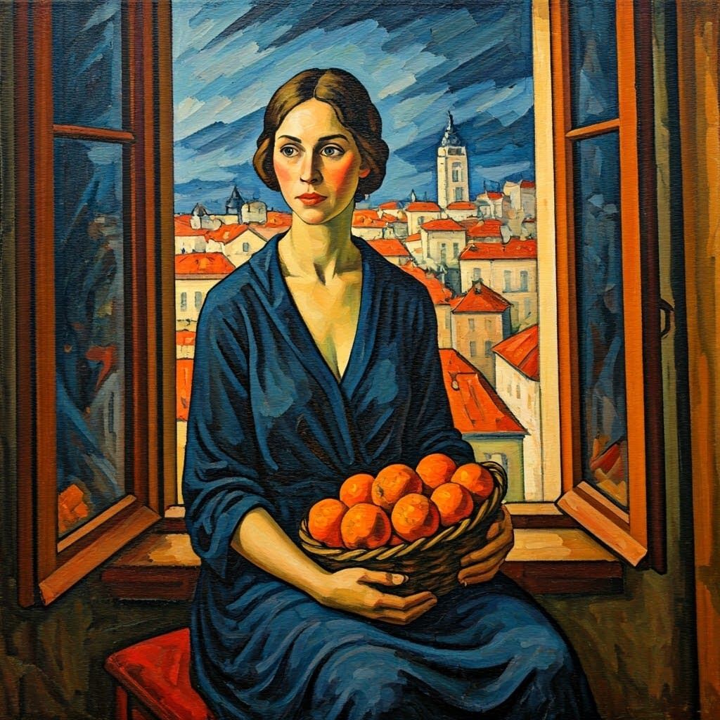 Distorted Portrait in Dark Blue with Vibrant Oranges