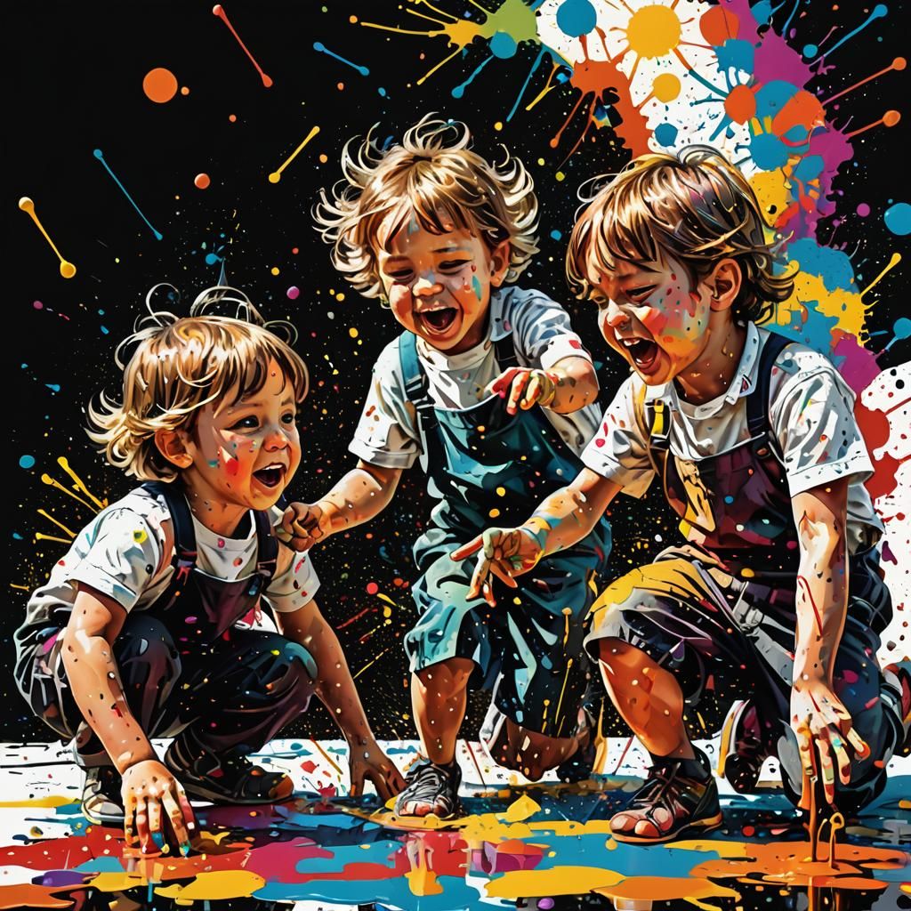 Children Playing with Colors in Expressionist Style