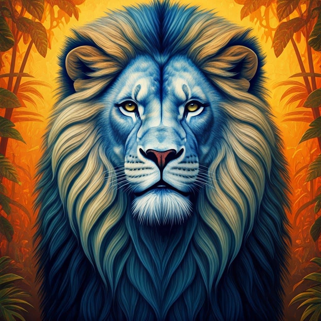 Surrealistic Lion in Vibrant Jungle Scene