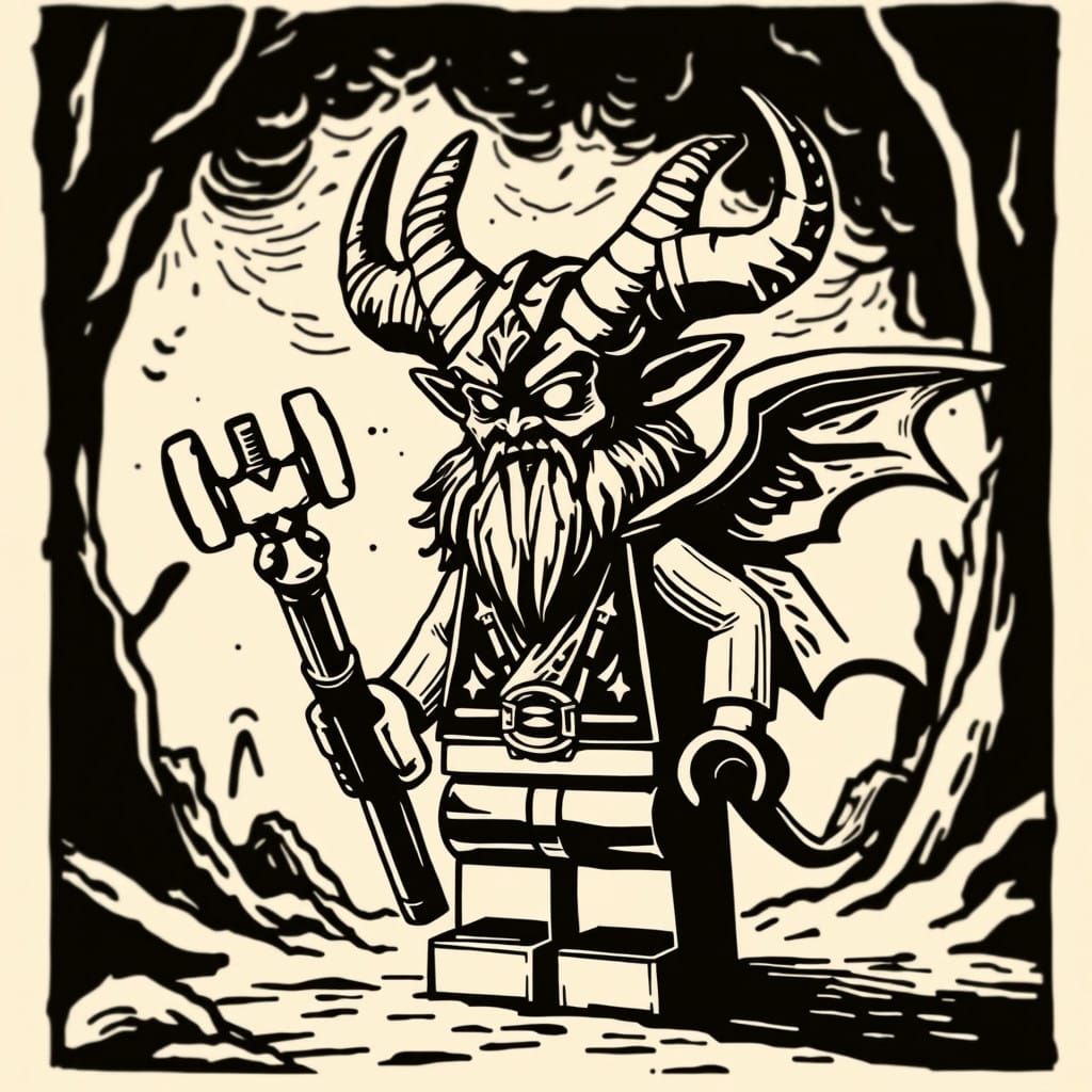 Krampus as a Lego Minifig in Woodcut Print Style