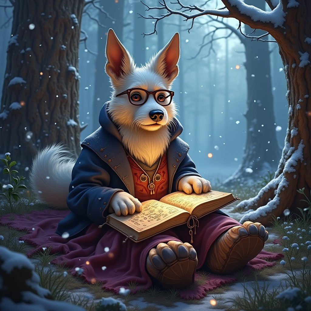 Old Dog Reads Book in Snowy Forest, Fantasy Art