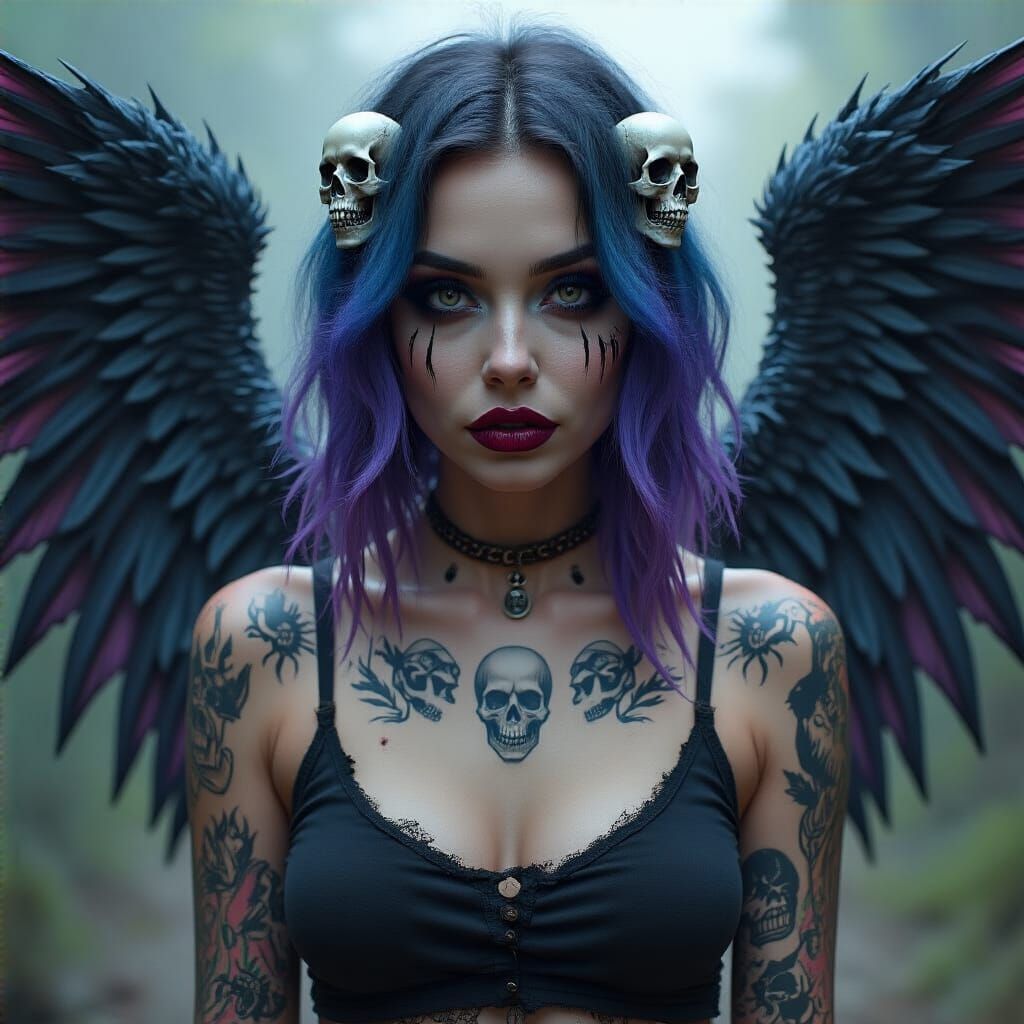 Depict a surrealistic scene of a hyper realistic woman with neon blue and purple hair. She has dramatic makeup, new tatt...