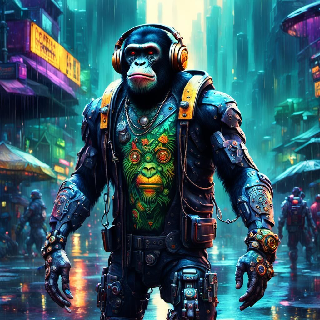 Cyberpunk Chimpanzee Strutting in the Jungle Rain