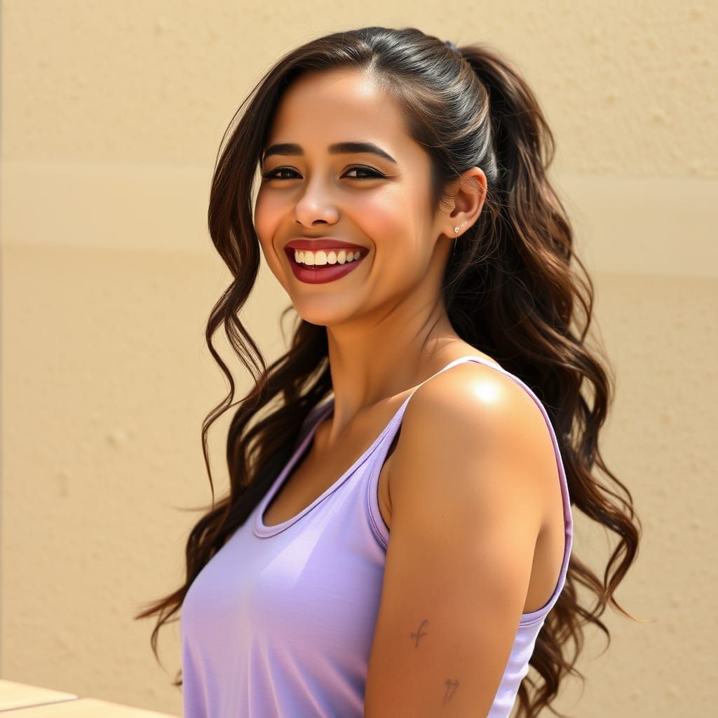 Radiant Woman with Ponytail and Tattoos in Art Nouveau Style