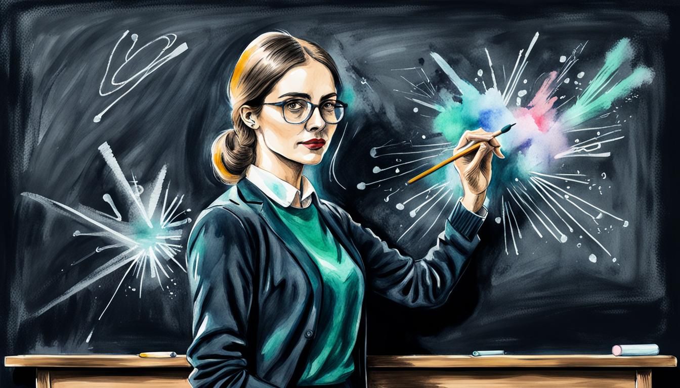 Young Teacher at Blackboard in Watercolor Style