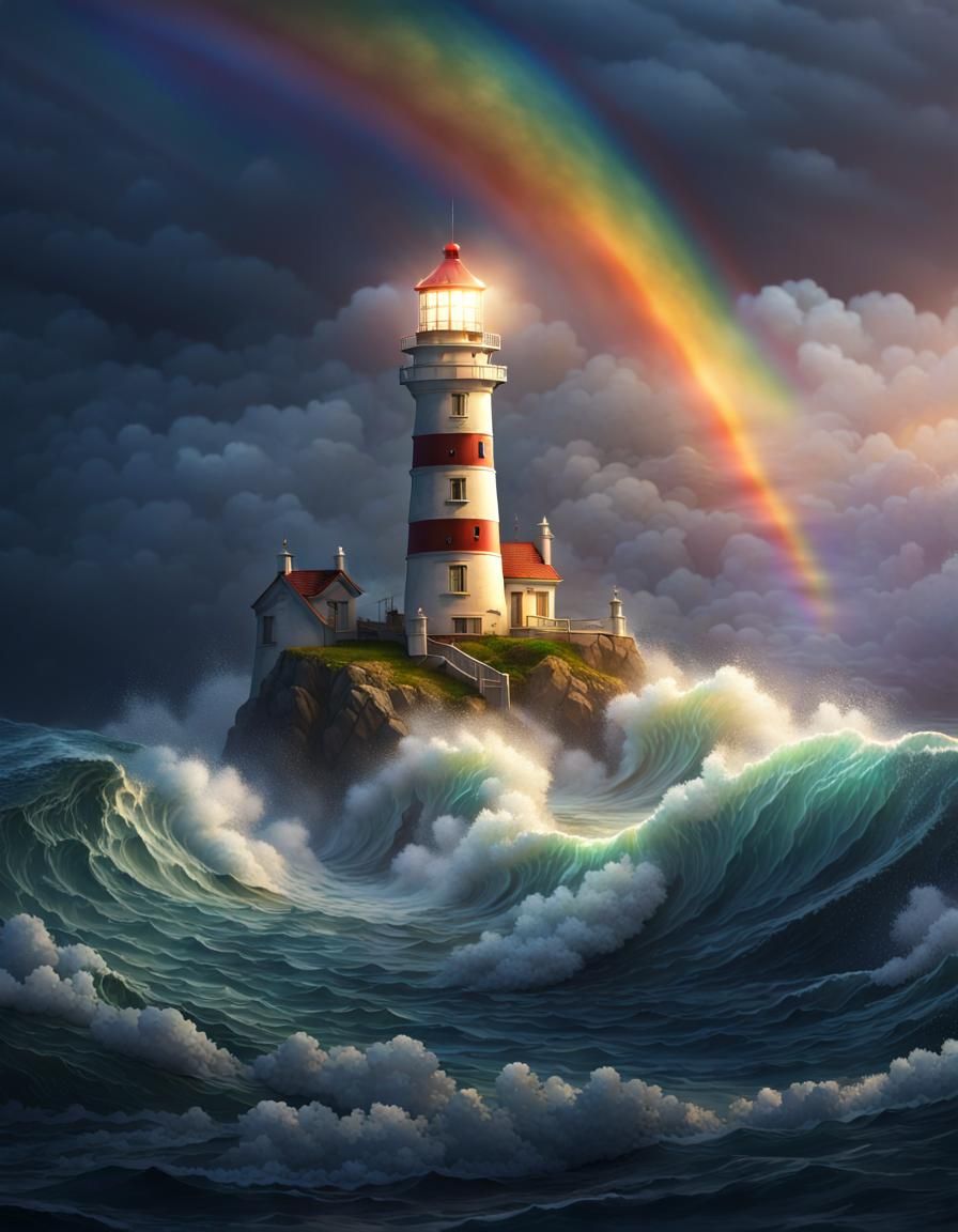 Lighthouse Amidst High Waves at Night