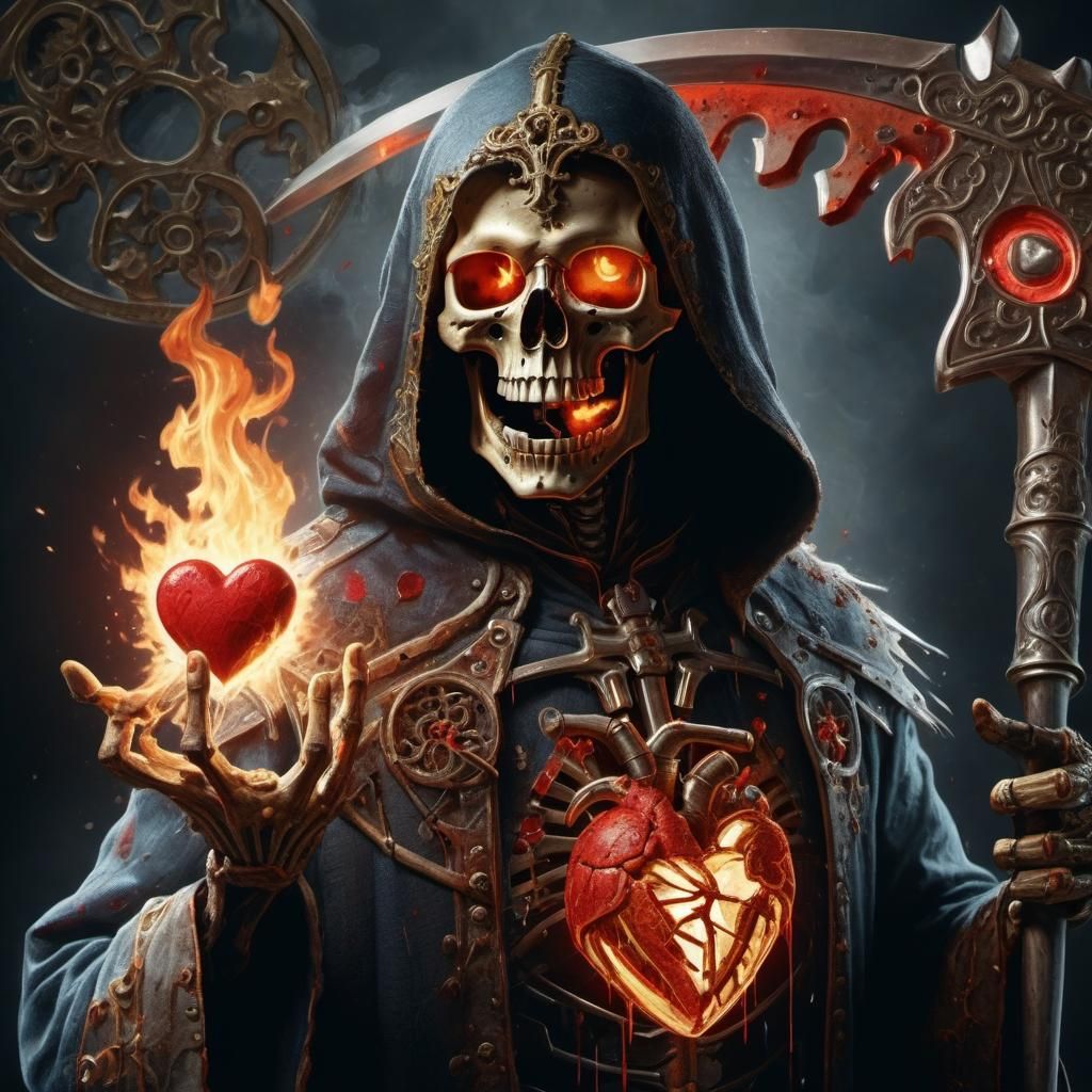 Grim Reaper's Flaming Heart: An AI Generated Image