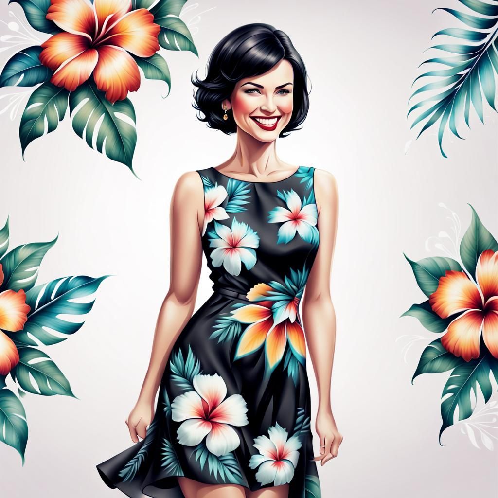 Smiling Woman in Hawaiian Dress: Airbrush Illustration