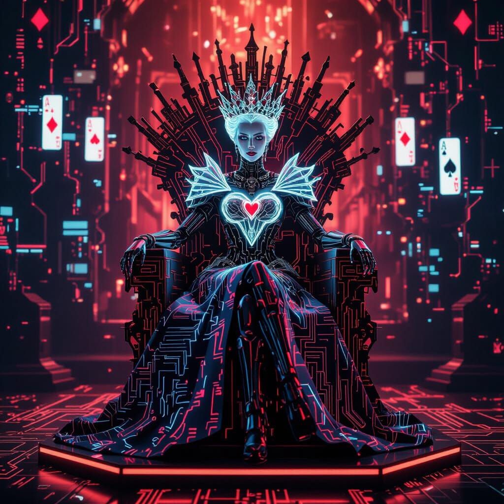 Cyborg Queen of Hearts Empress Enthroned in Digital Palace