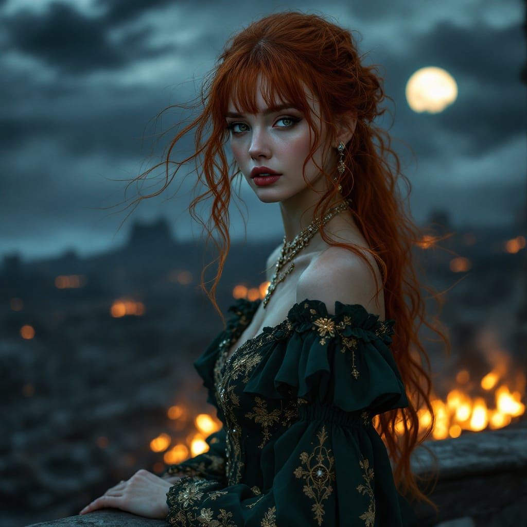 Ethereal Beauty on a Castle Balcony Under the Full Moon