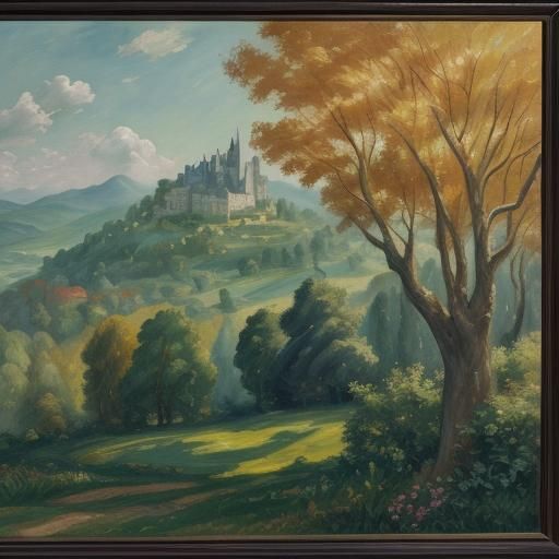 Majestic Castle in Forest: Gouache Impressionist Painting