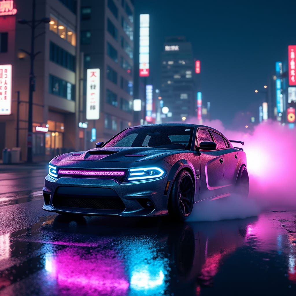 Neon Dodge Charger Drifts Through Tokyo Night