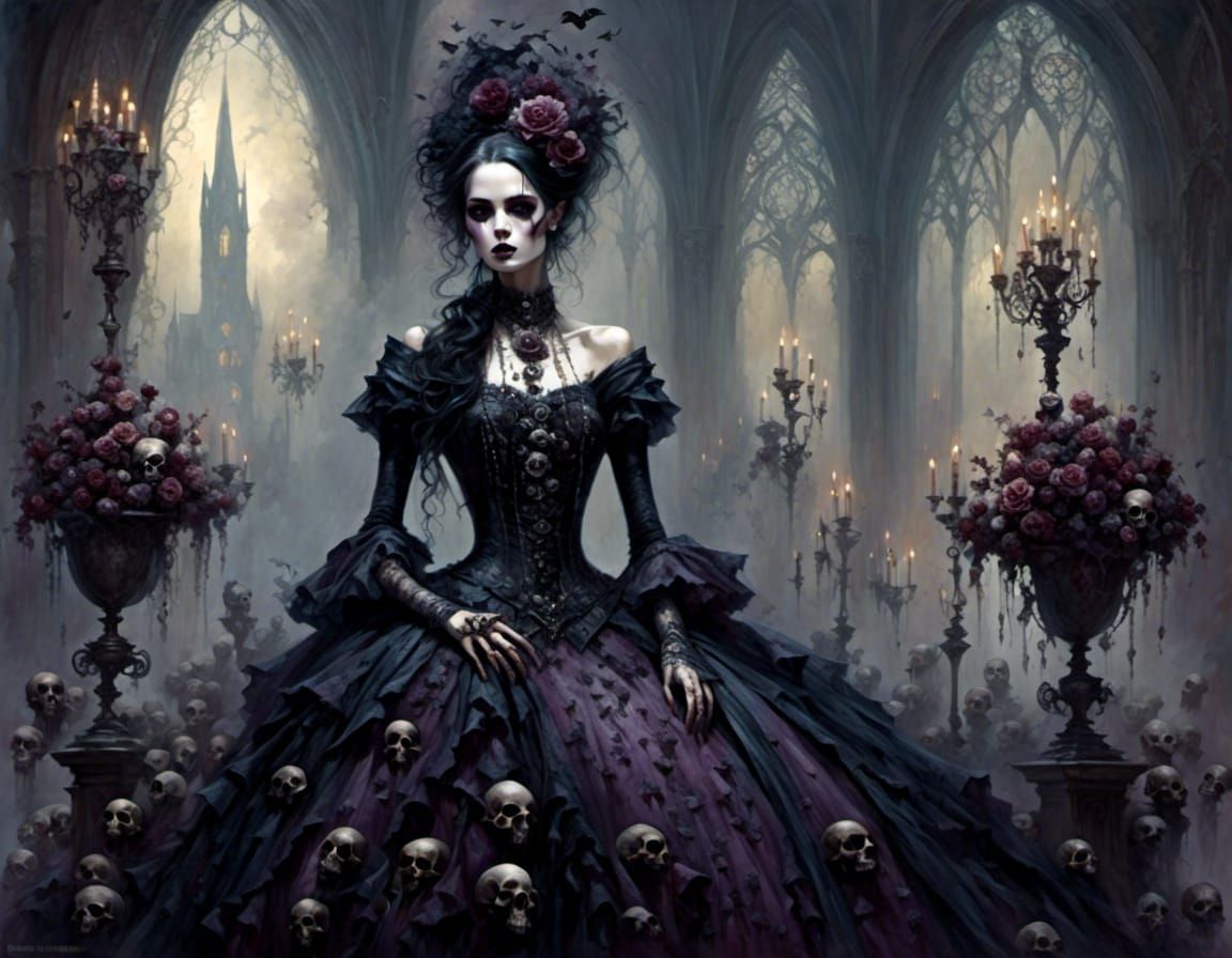 purple goth in skull covered dress