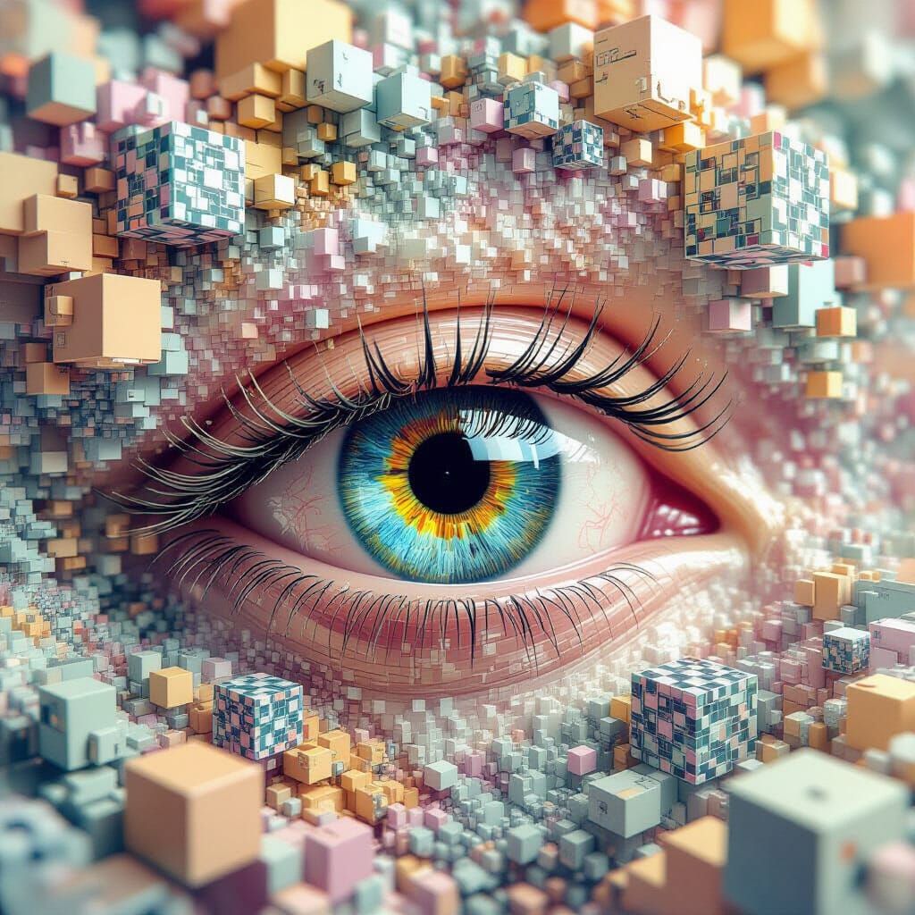Surreal Eye Surrounded by Vibrant Fractal Cubes