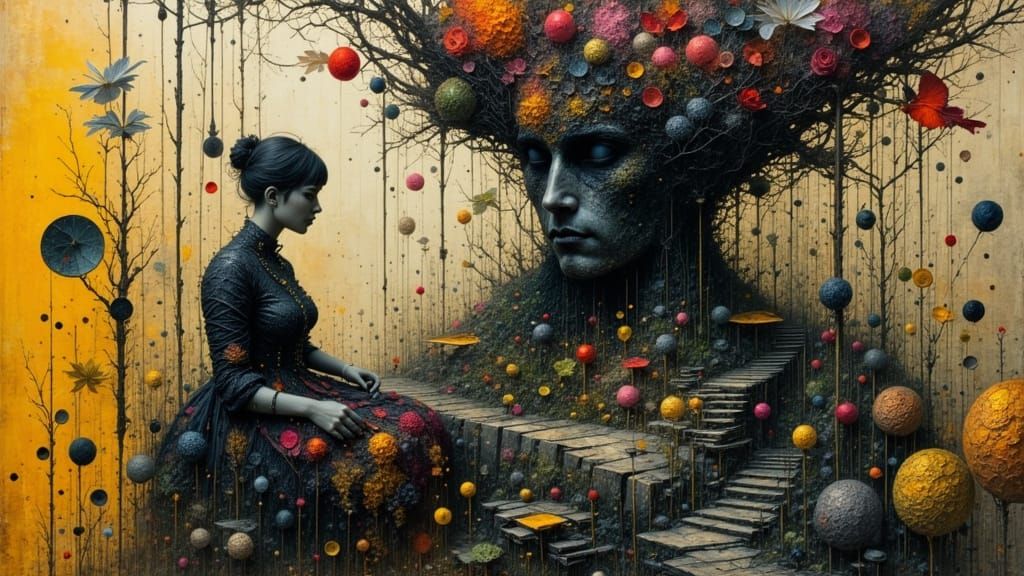 Dreamer Amidst Cubist Fragments in Baroque Setting