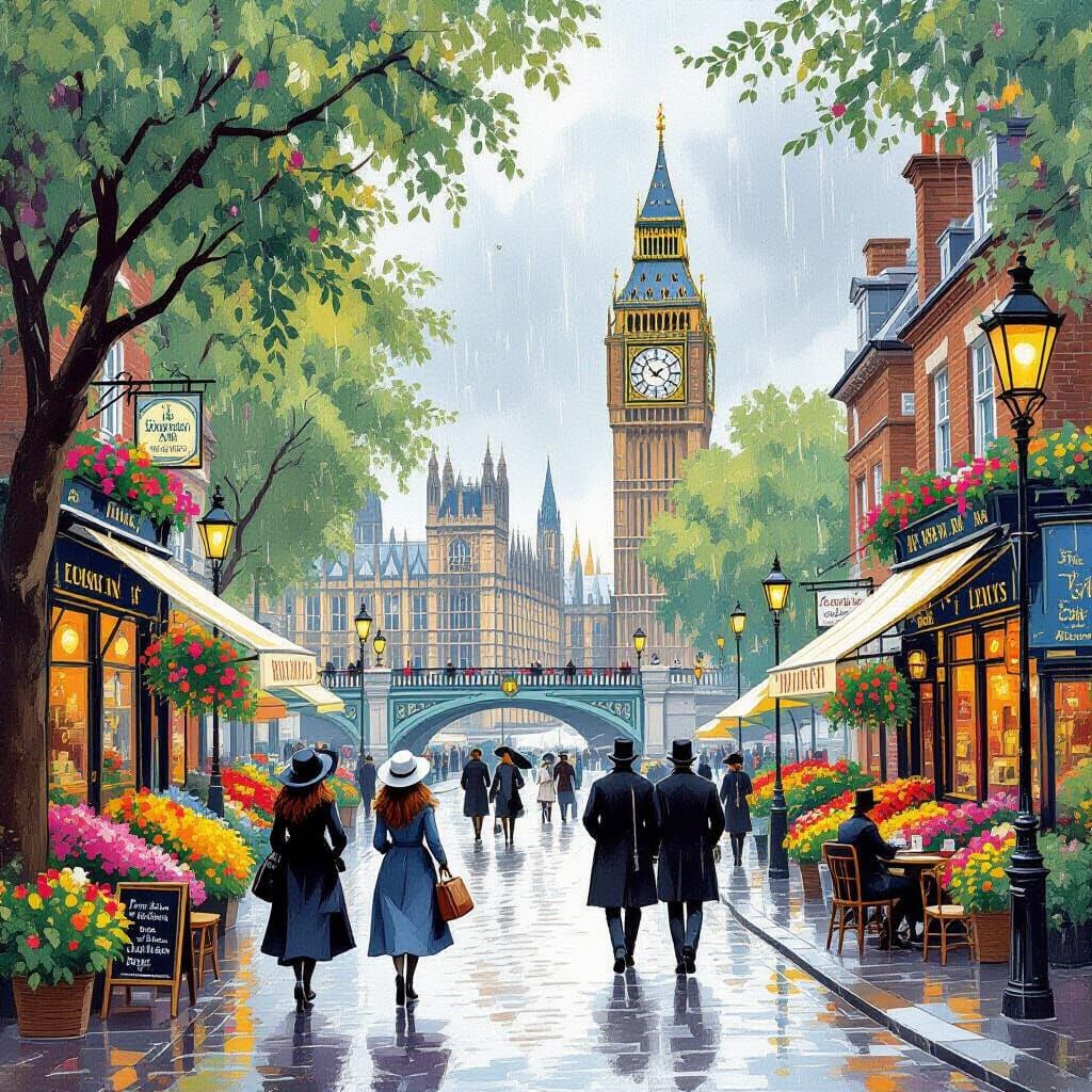 London Street Scene in Summer Rain, Whimsical Art Style