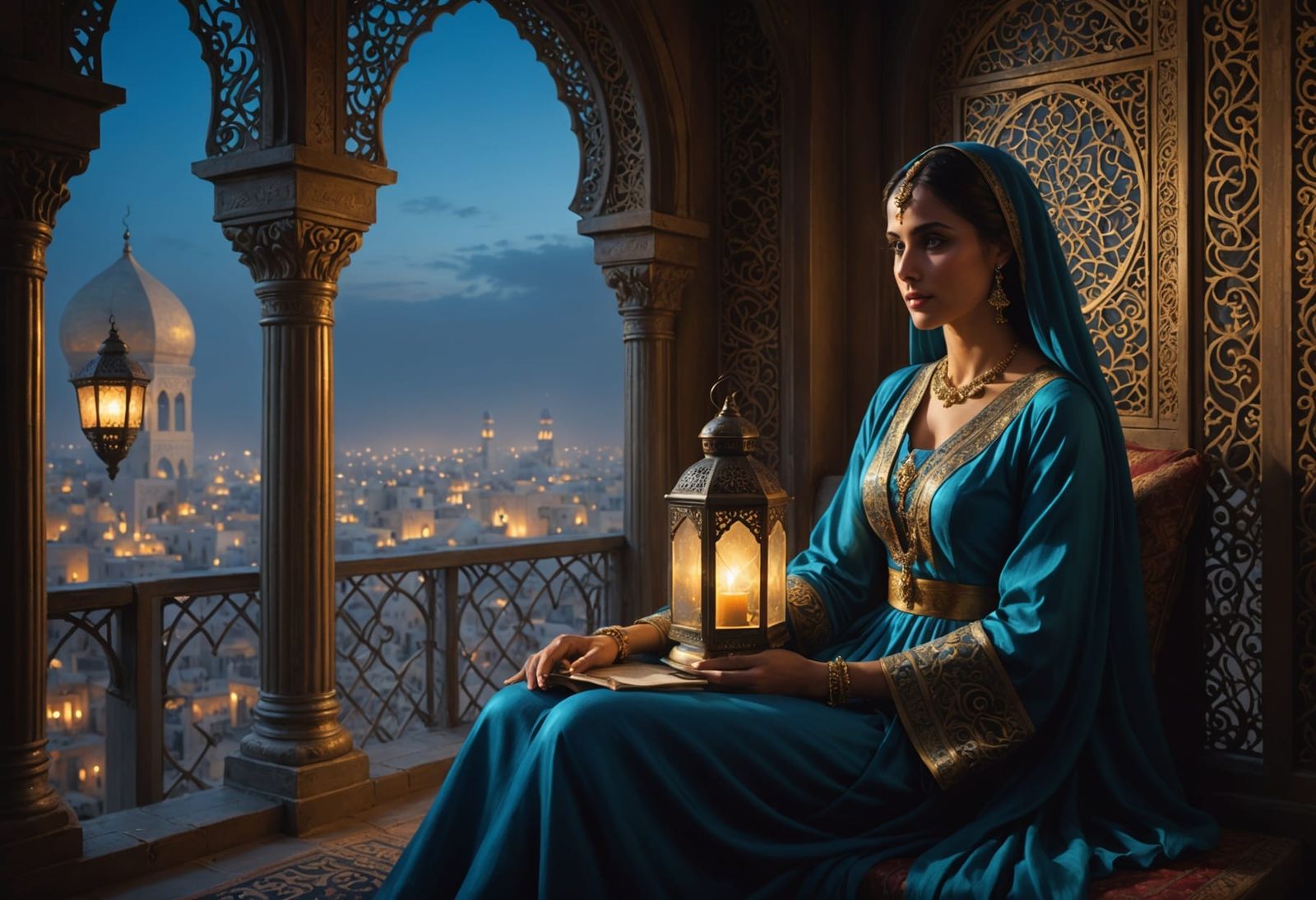 Serene Arabian Woman on Balcony in Blue and Silver Mist