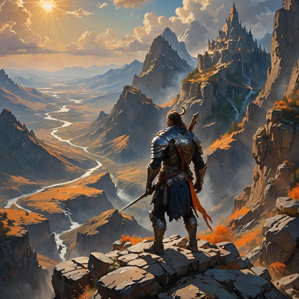 Epic Fantasy Warrior Overlooking Landscape, Expressionist St...