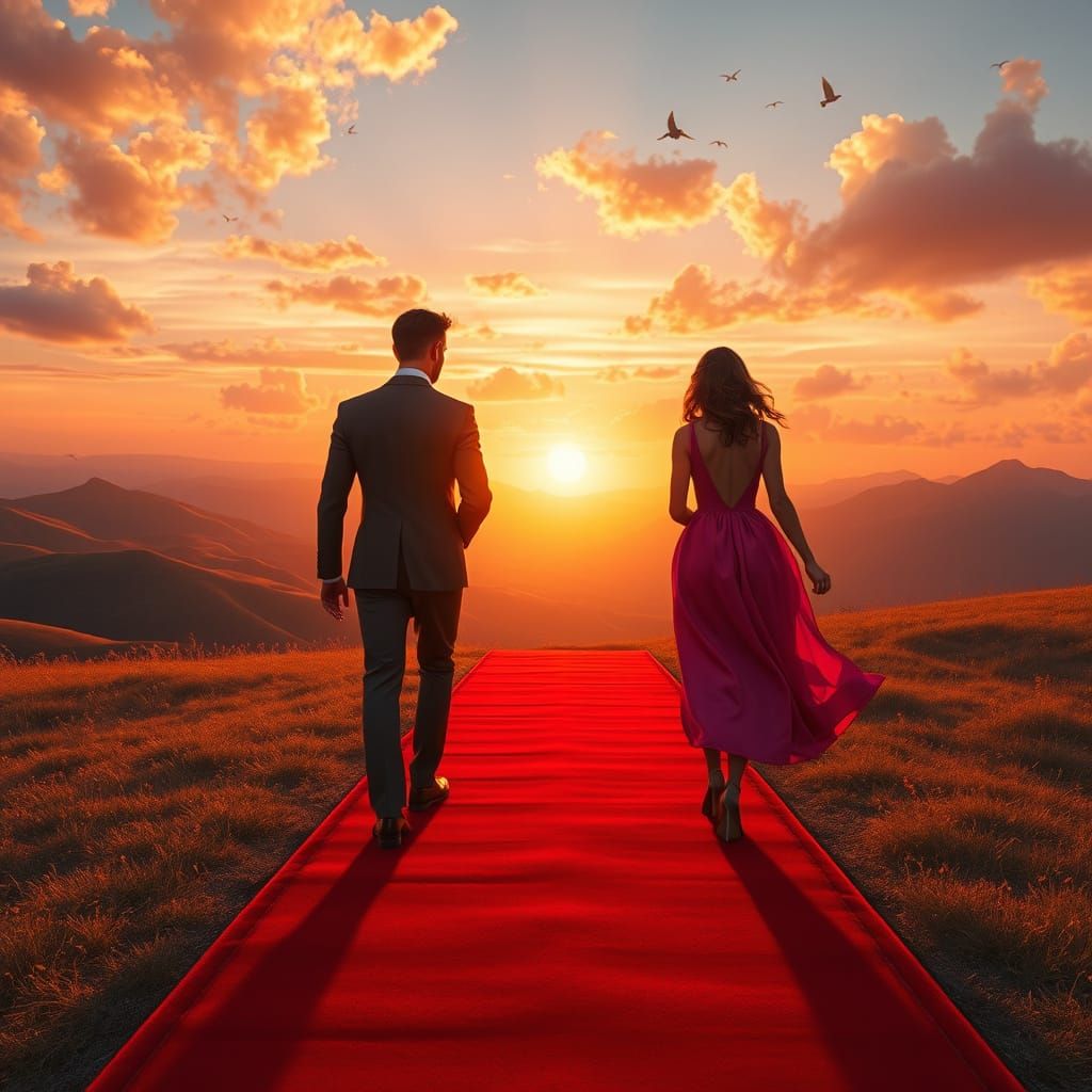 Elegant Friends Bask in Vibrant Sunset Landscape