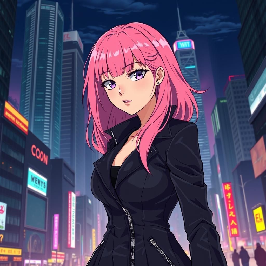 Pink-Haired Woman in Futuristic Anime Cityscape