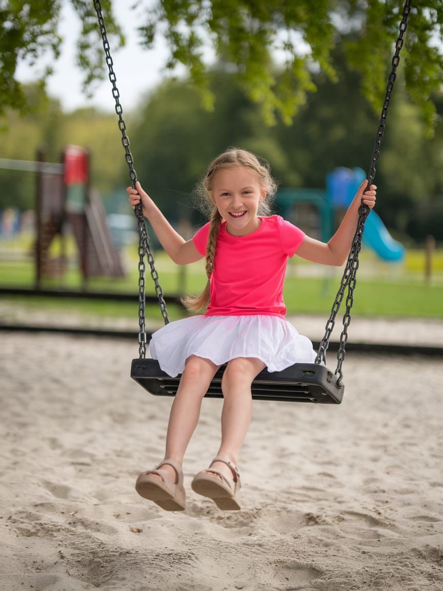 Joyful Child Plays on a Bright Pink Swing in a Green Park