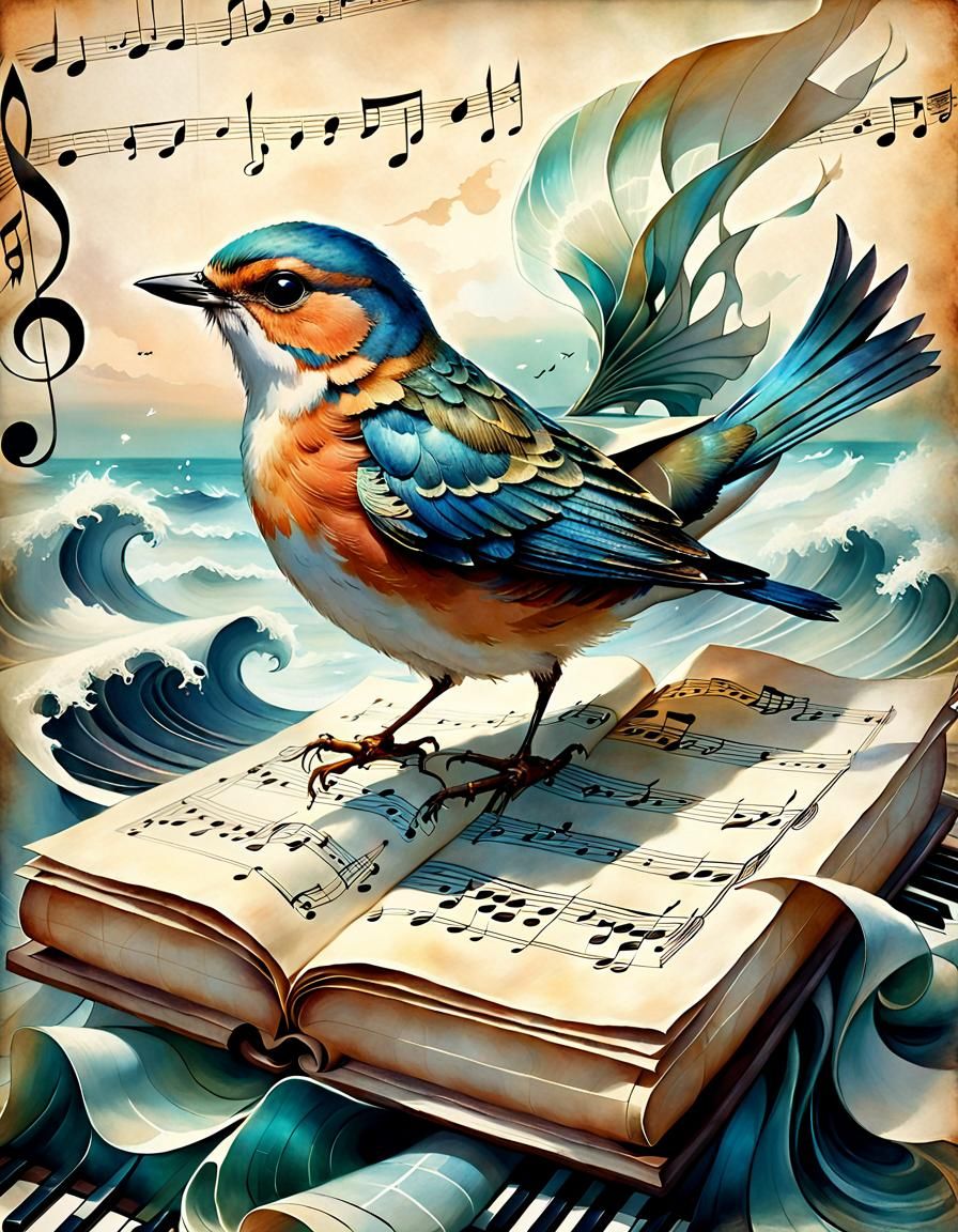 Bird on Sheet Music: Surreal Digital Art