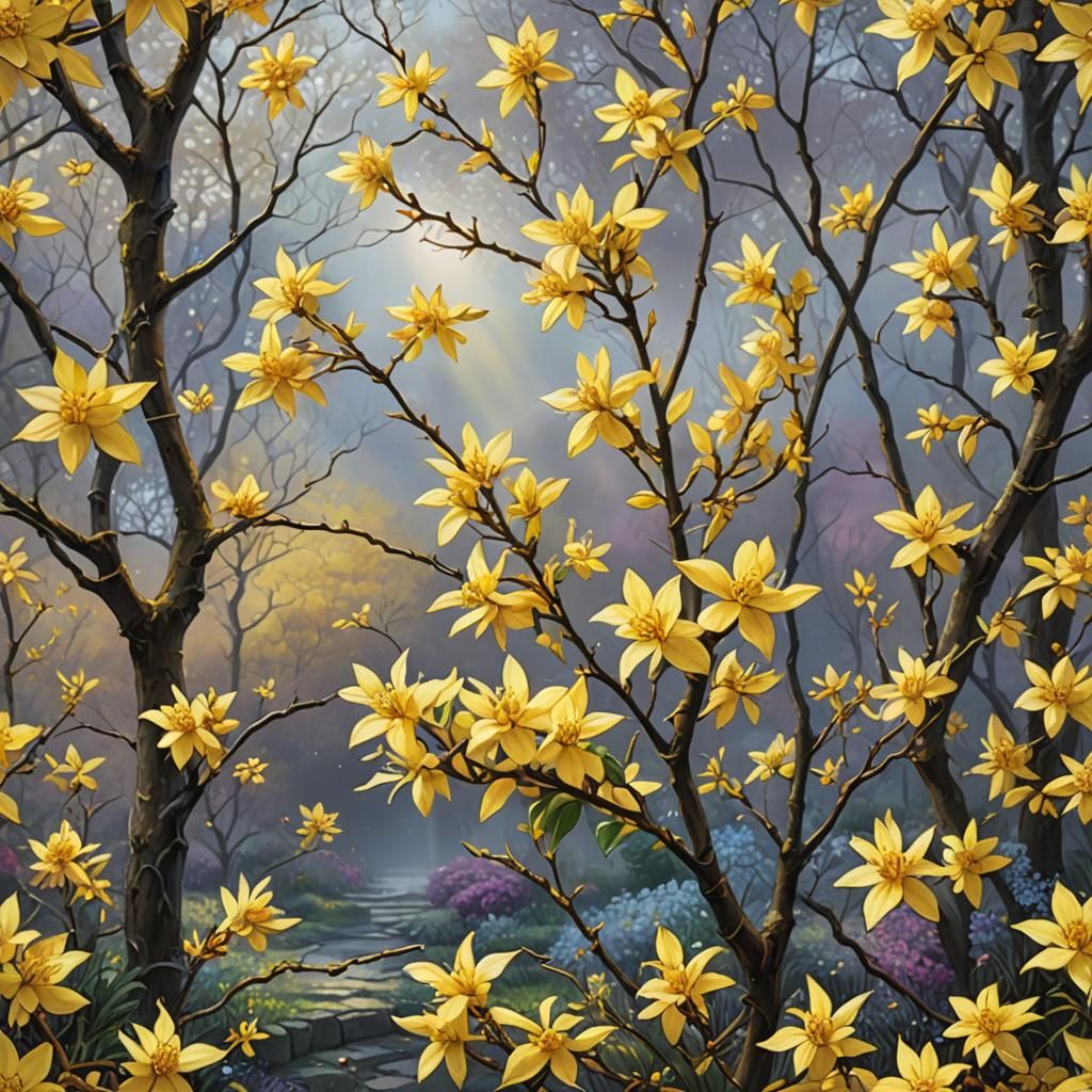 Stained Glass Forsythia Flower in Digital Painting Style