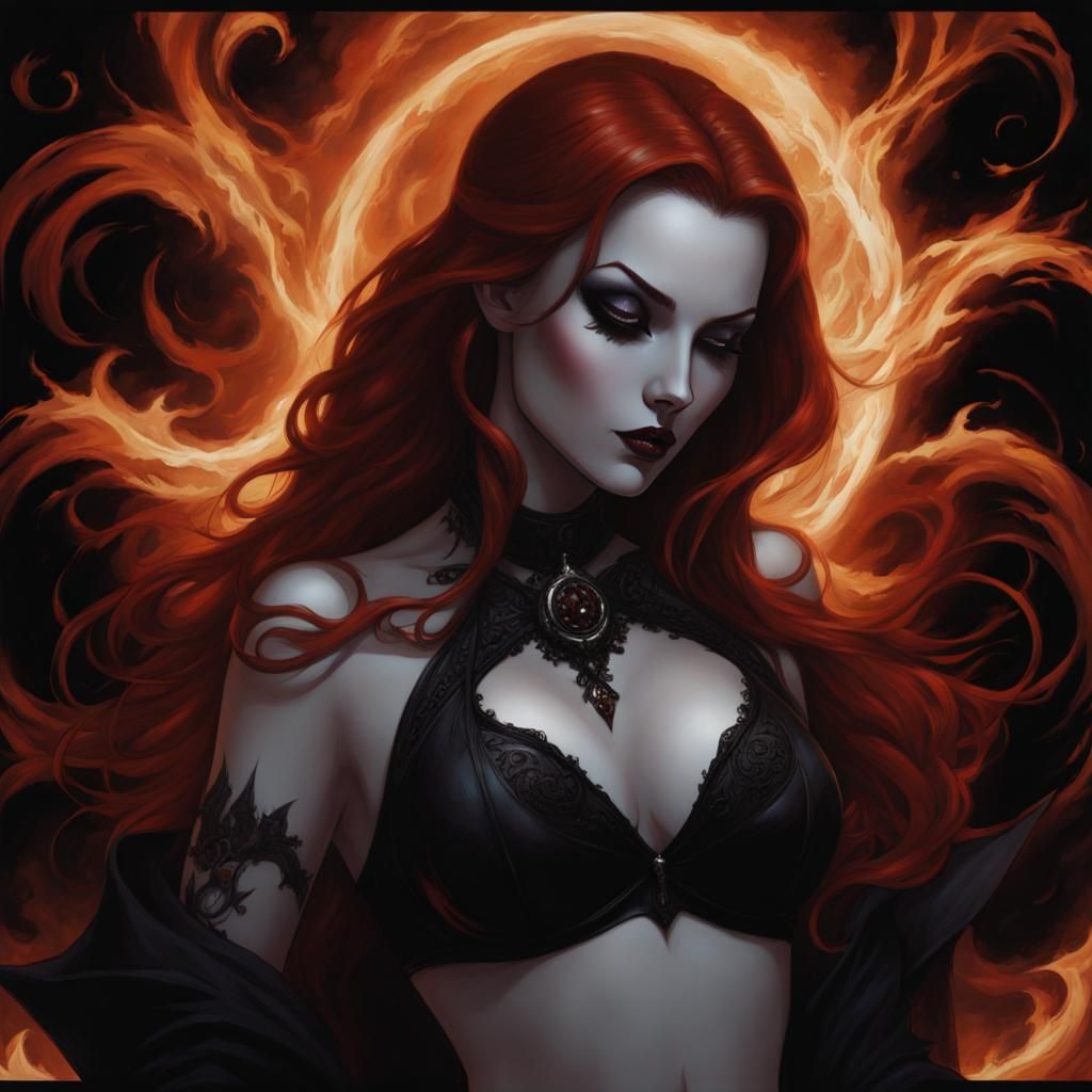 Redhead Vampire in Spiraling Flames, Gothic Art