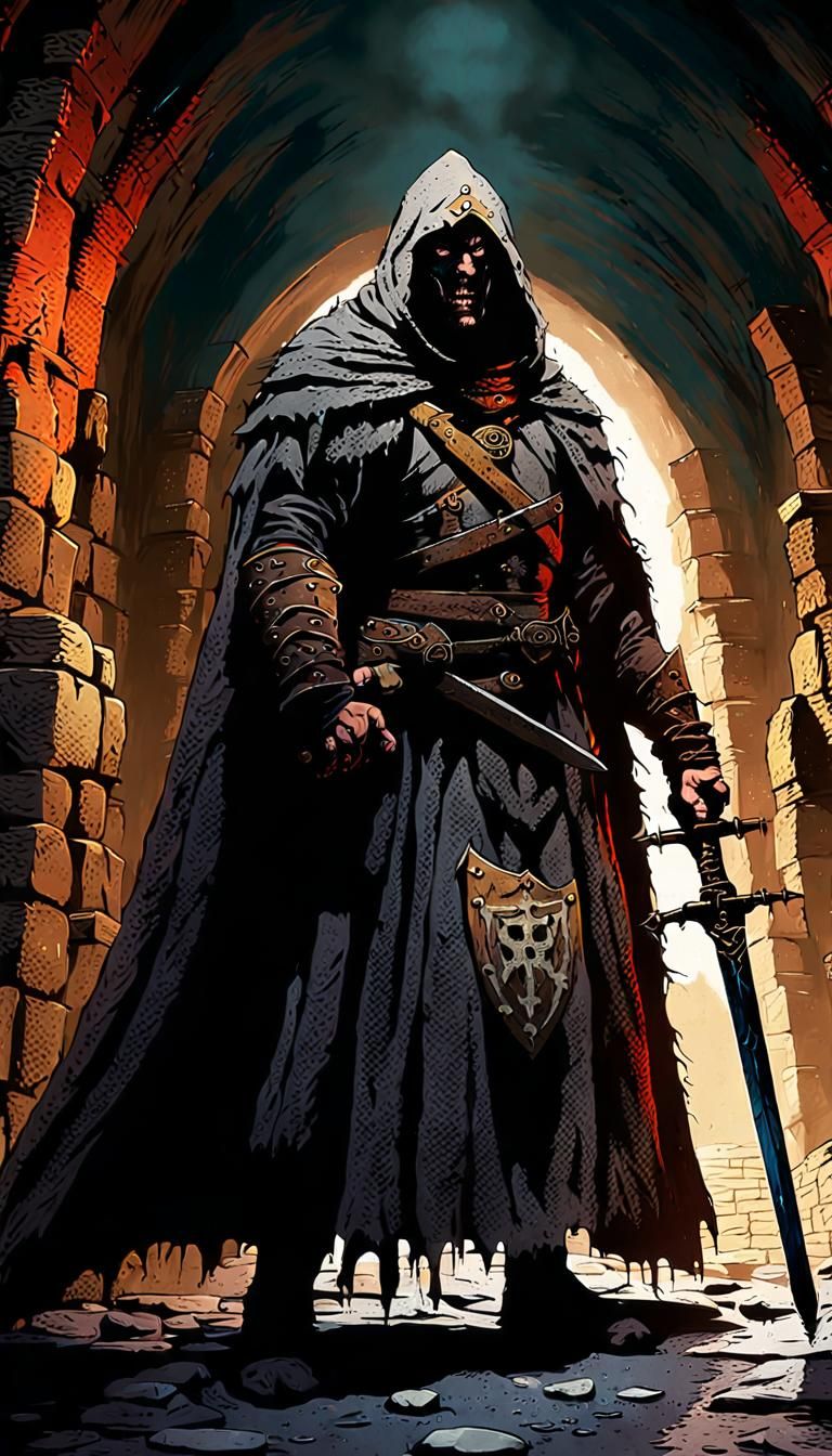 Heroic Warrior in Dark Fantasy Dungeon